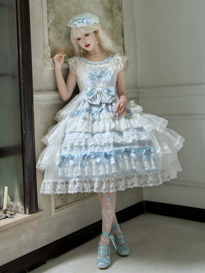 Hime Lolita-Rock mit Schleifen und blaues Hanayome-Stufenkleid mit weißer Dekoration