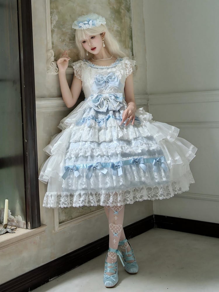 Schleifen und Rock Dekoration Kleid Vollstufiges Set Hanayome Blau Weiß Lolita JSK Hime