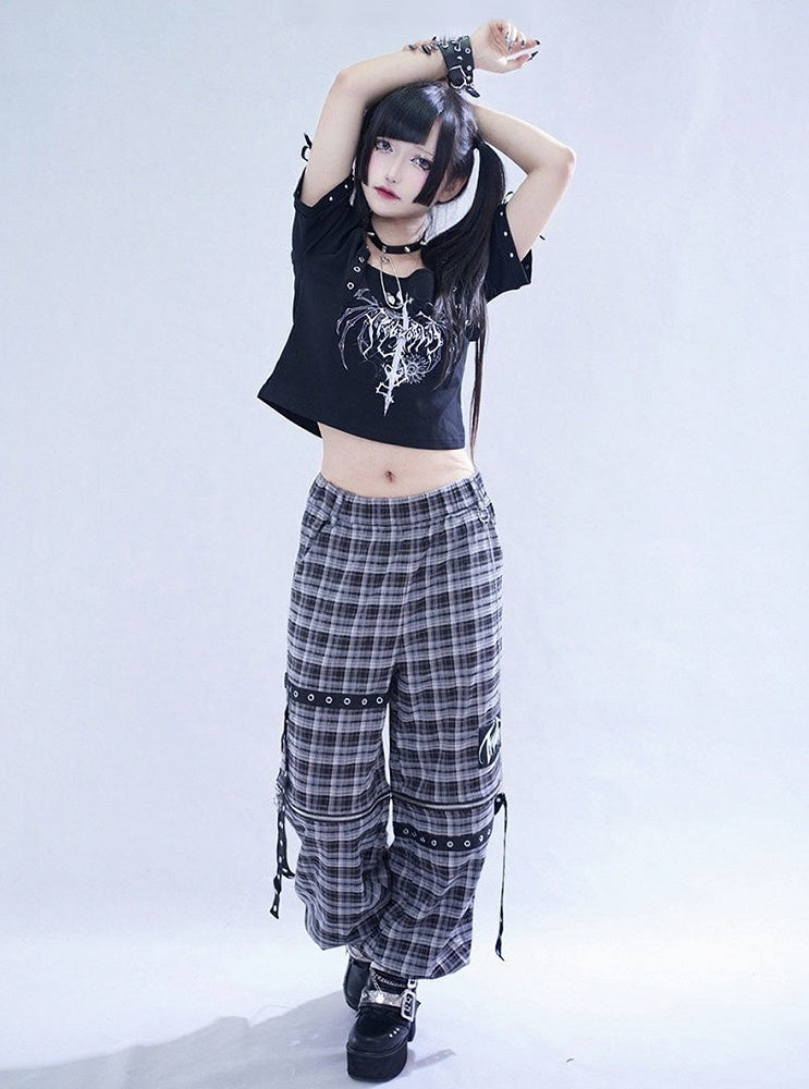 Black Plaid Pants with Detachable Legs & Chain Accents - Tribuo Flos