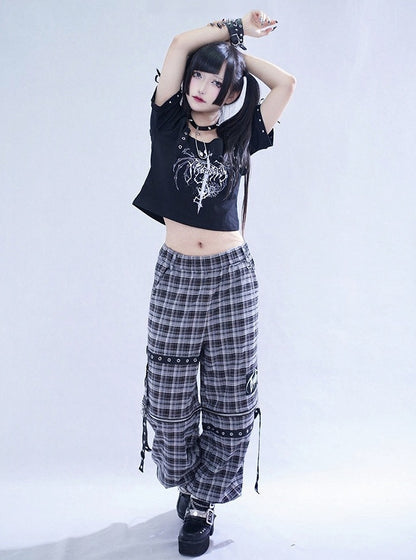 Black Plaid Pants with Detachable Legs & Chain Accents - Tribuo Flos