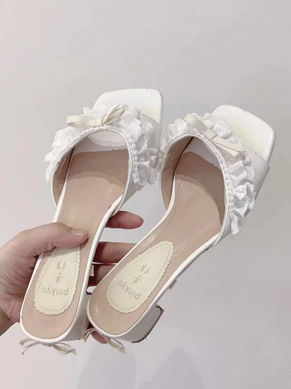 Accents White Bow Lolita Ruffle 3.5cm Elegant Trim with Low-heel Sandals