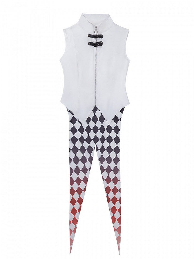 Sleeveless White Diamond Motif Top with Tailcoat Silhouette - Xiong Dou Jiang