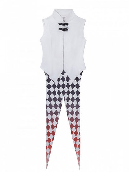 Sleeveless White Diamond Motif Top with Tailcoat Silhouette - Xiong Dou Jiang