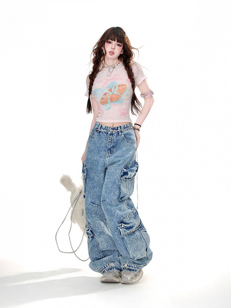 Neck Graphic T-Shirt Pink/White Crew Glamorous Cropped