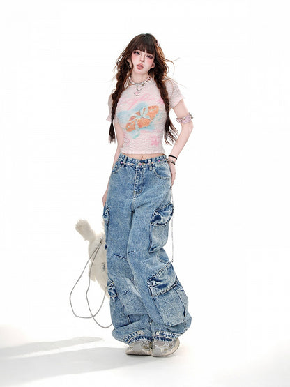 Neck Graphic T-Shirt Pink/White Crew Glamorous Cropped