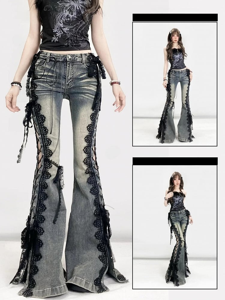 Trim Jeans Lace Blue Bittersweet Detail Flare Glamorous Side Silhouette Lace-up