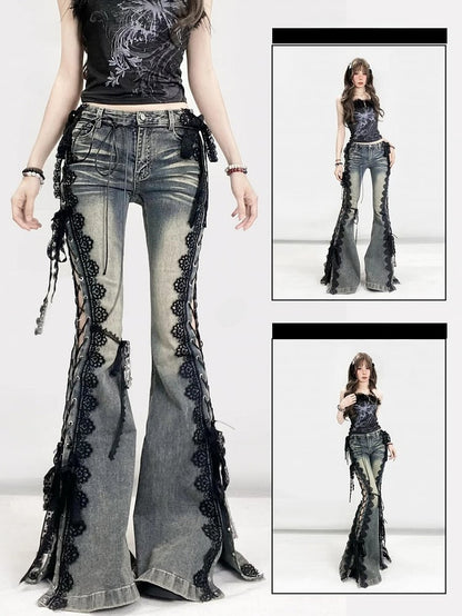 Trim Jeans Lace Blue Bittersweet Detail Flare Glamorous Side Silhouette Lace-up