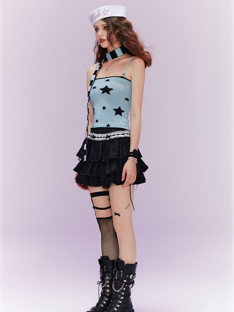 Gestreifter Schal Y2K Blaues Cami-Top mit Stern- und Schleifendruck