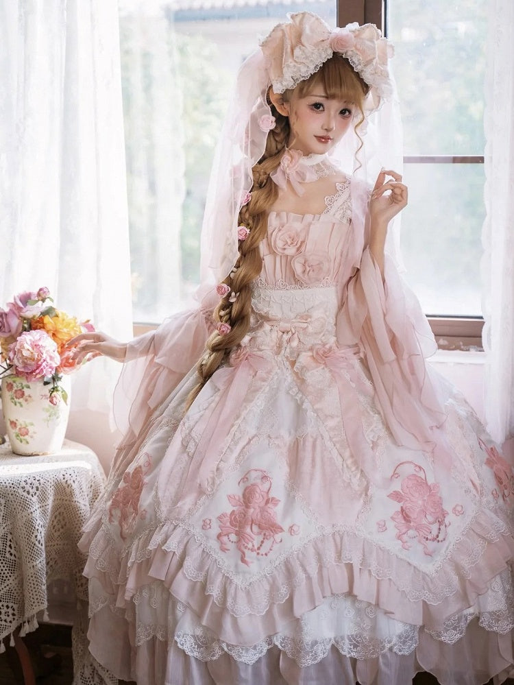 Ruffles Hanayome Light Dress Pink Version Accents with Layered Flowing JSK Lolita Rose Long