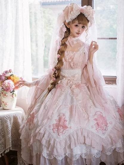 Ruffles Hanayome Light Dress Pink Version Accents with Layered Flowing JSK Lolita Rose Long