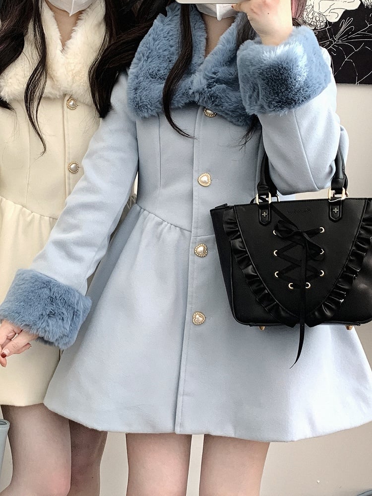 Pink Jirai Kei Wool Coat with Plush Collar and Cuffs
