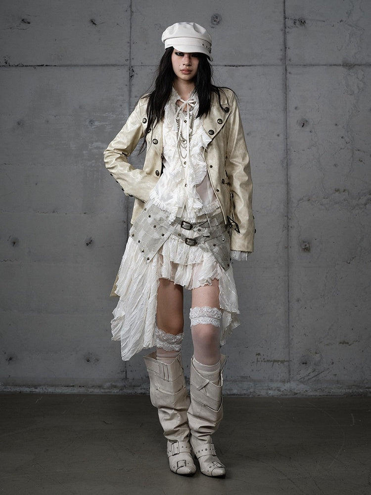 Gelbe Gürtelrose-Jacke mit Punk-Schnallenstickerei, kurz geschnitten, Khaki