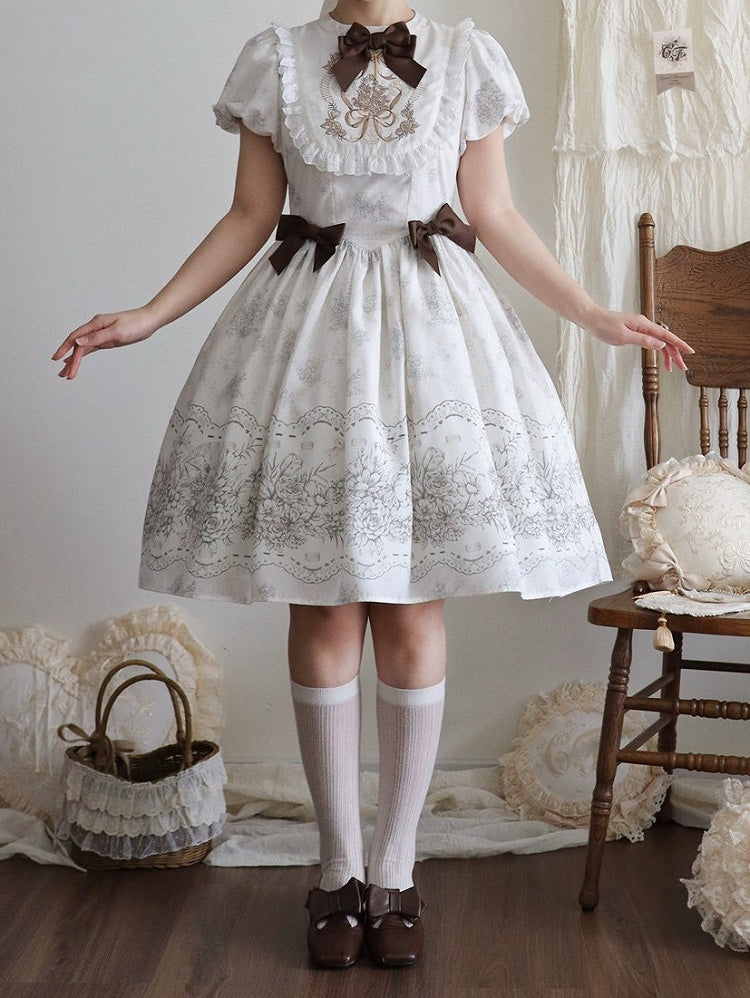 White and Piece Bodice Short Bowknot One Floral Embroidery Classic Version Lolita