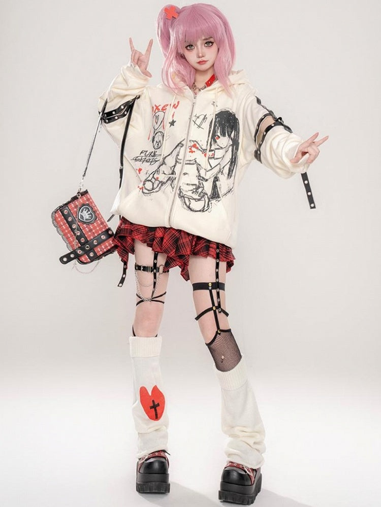 Punk Black/Beige Comic Girl Cutout Sleeves Zip Hoodie