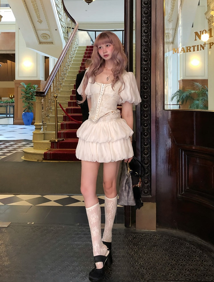 Ruffle-Trimmed Tiered Skirt Apricot Bubble Mini