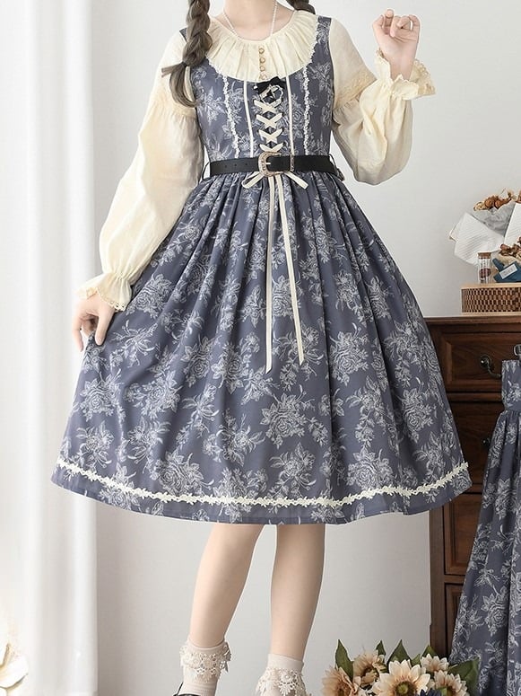 Gray & Beige Rosette Print Long-sleeved Elegant Classic Lolita Dress