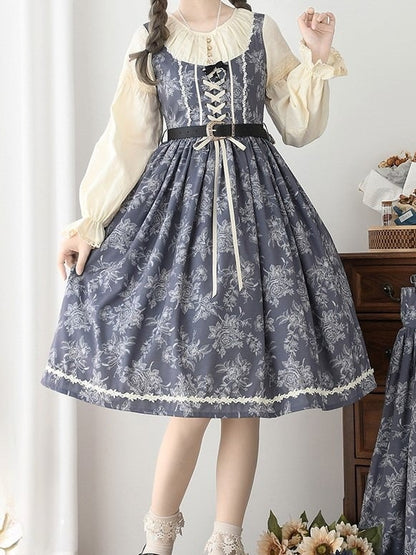 Gray & Beige Rosette Print Long-sleeved Elegant Classic Lolita Dress