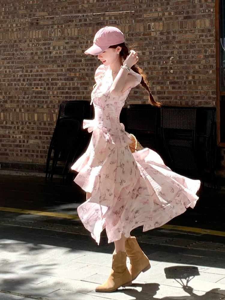 Pink Butterfly Print Dress with Asymmetrical Hem - Qchiwawameme