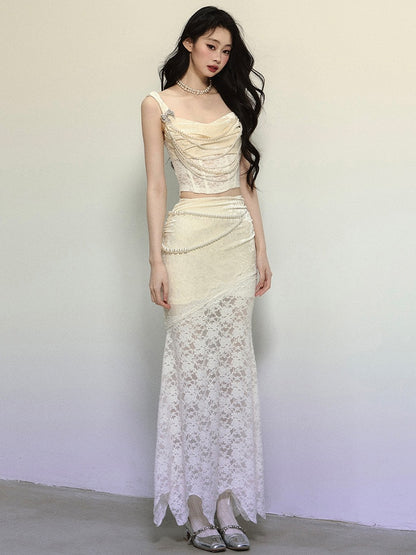 アプリコットハイウエストレースパッチワークマーメイドスカート