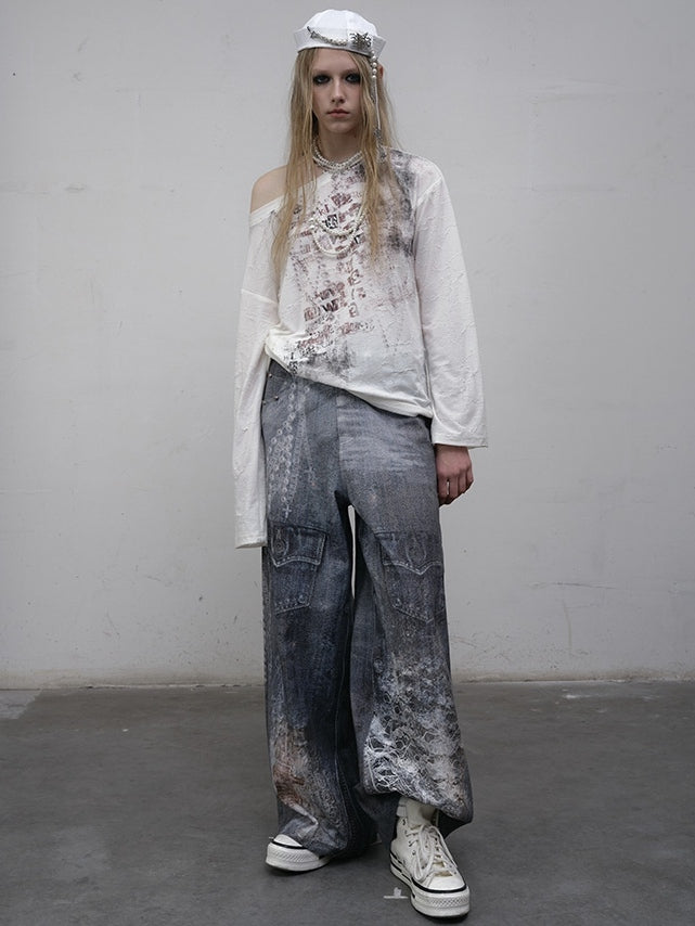 ウェイストランドパンクレターロングトップ、アシンメトリーブルー/ベージュスリーブ、ネックラインプリント