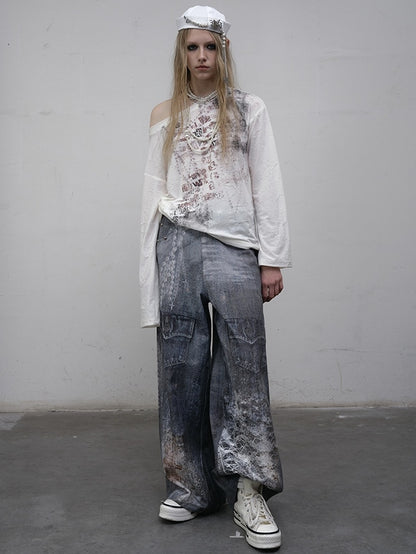 ウェイストランドパンクレターロングトップ、アシンメトリーブルー/ベージュスリーブ、ネックラインプリント