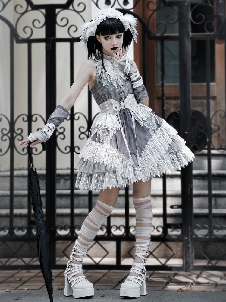 Dress Skirt Panel Buckle Gray Feather Shoulder Lolita Lace Gothic Straps