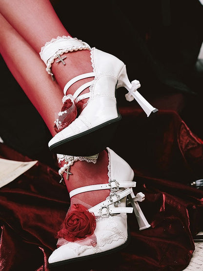 White Pointed Toe Gothic Heels with Cross Charm Chains & Lace Trim - sphenoid