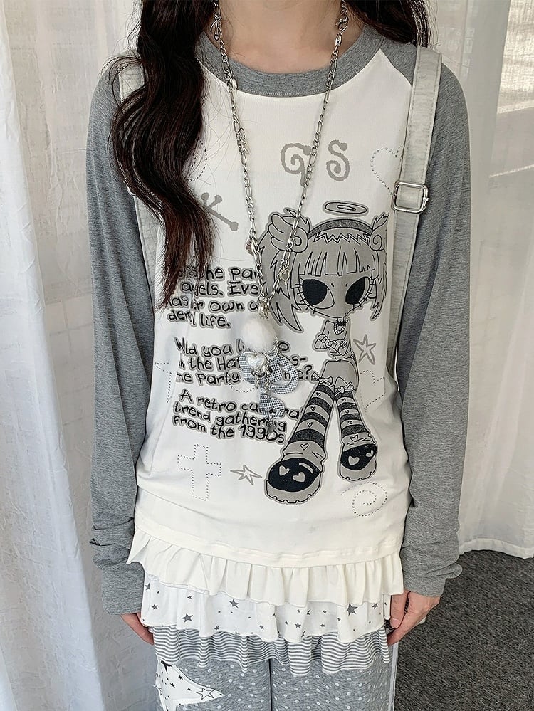 Colorblock Round Neck Long Sleeve Ruffle Hem Top with Cartoon Print - Solkatt