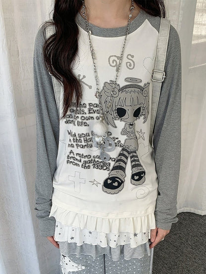 Colorblock Round Neck Long Sleeve Ruffle Hem Top with Cartoon Print - Solkatt