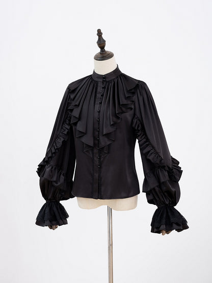All-Black Ruffled Bodice Shirt with Flounce Trim and Long Sleeves - DevilInspired Exclusive Collection