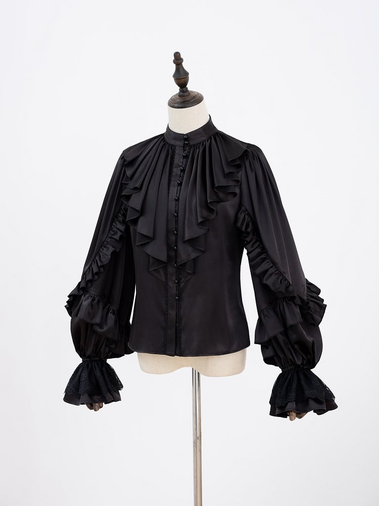 All-Black Flounce Trim Shirt with Cascading Ruffles - DevilInspired Exclusive Collection