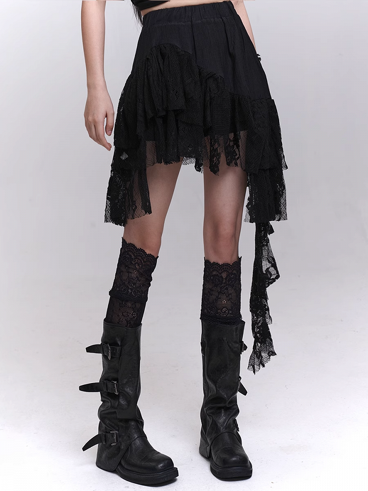 Patchwork Black Lace Cascading Ruffles Skirt