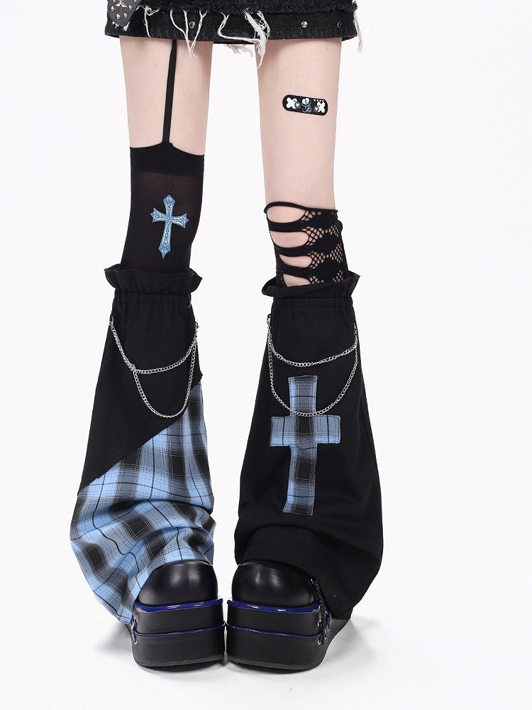 Blue Black Plaid Leg Warmers with Chains - CRAZY GIRL