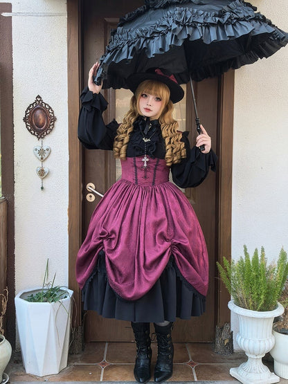 Waist Lolita Gothic Straps Drawstring Cross JSK Basque Dress and Red Shoulder Embroidery with Lace-Trimmed