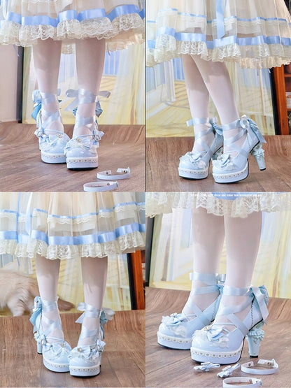 Platform Details Lolita Sweet Block Bow Heart Blue Sculpted High - Sky with Heel Janes Mary Accents