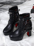Gothic Studded High-Heel Boots with Red Sole - Lacy Bones
