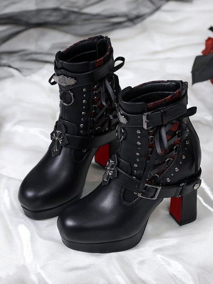 Gothic Studded High-Heel Boots with Red Sole - Lacy Bones