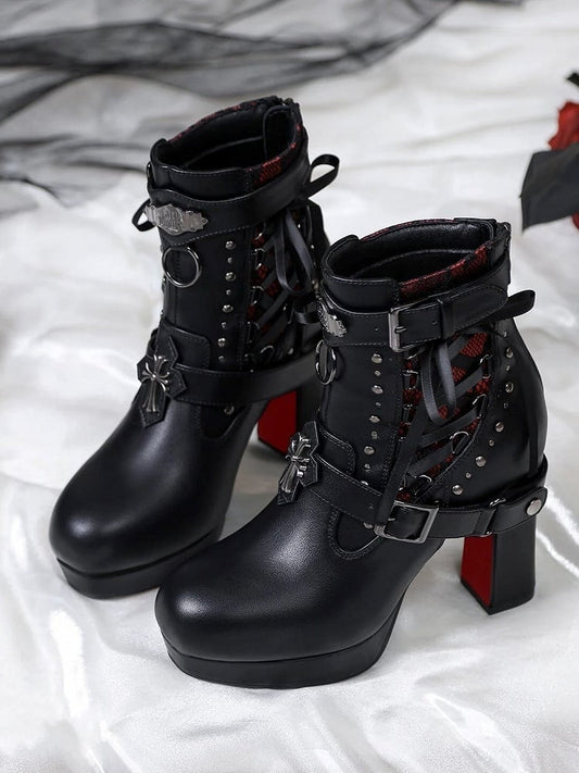 Gothic Studded High-Heel Boots with Red Sole - Lacy Bones