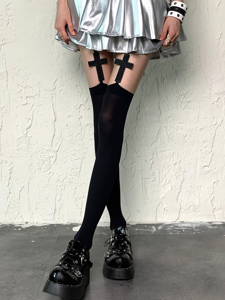 Cross Black//White Suspender Applique Y2K Stockings