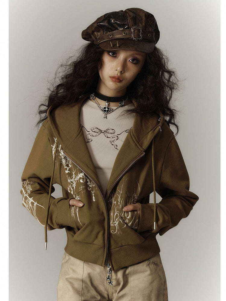 Zwei-Wege-Knopfleiste und Kordelzug Kapuze Leichte Reißverschluss-Kapuzenjacke mit Grün / Grau