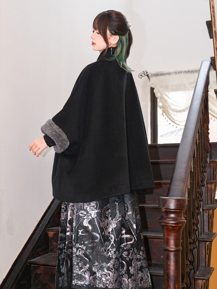 + PU Collar Cheongsam Cape Black Gothic with Coat Buckles Faux Cuffs Regular/Thicken Fur