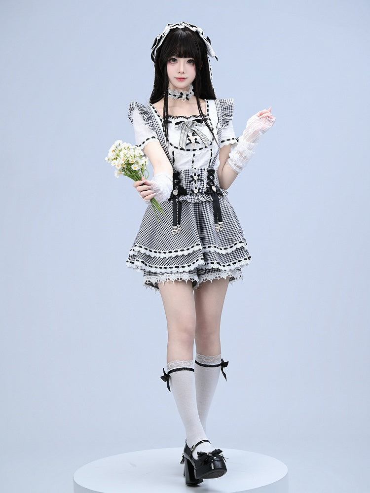 Black White Gingham Jirai Kei Overall Skort with Bow Lace Details - Broken Bear