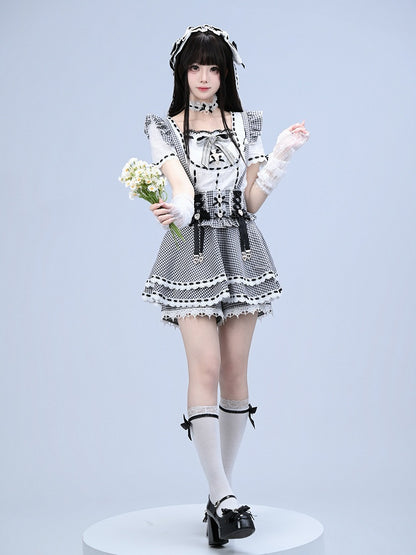 Black White Gingham Jirai Kei Overall Skort with Bow Lace Details - Broken Bear