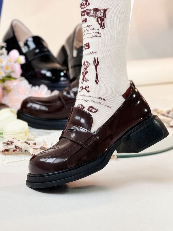 Bow Print School Brown Mid-heel Teddy Removable Bear Slip-Ons - with Preppy