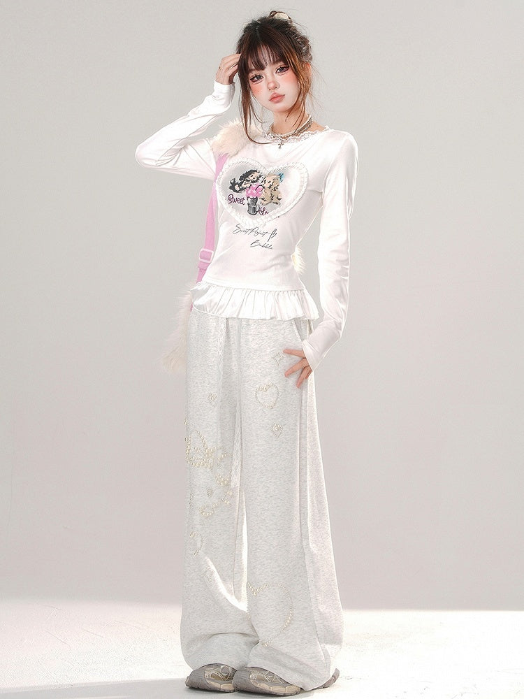 Grey/White Puppies Print Ruffle Hem Slim-fit T-shirt