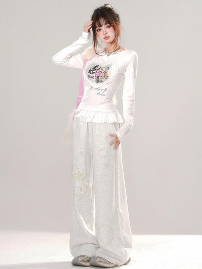 Grey/White Puppies Print Ruffle Hem Slim-fit T-shirt