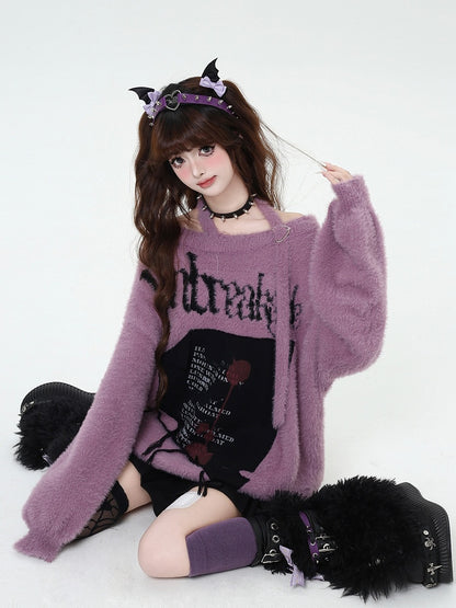 Sweater Halter Loose Letter Graphic Purple Neck Bittersweet