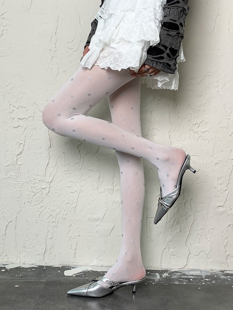 Y2K ホワイト水玉模様タイツ