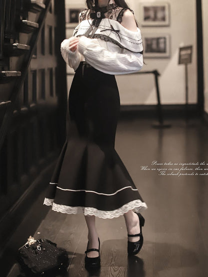 Elegant Black Jirai Kei High Waist Mermaid Skirt with White Lace Hem