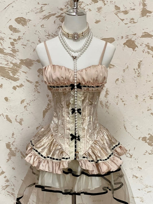 ピンクの花柄伸縮性のあるスイートコルセットキャミトップ